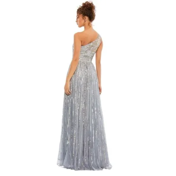Mac Duggal Dress 16 Silver One Shoulder‎ Embellished Sequin Beaded Maxi Gown NWT - Picture 10 of 15